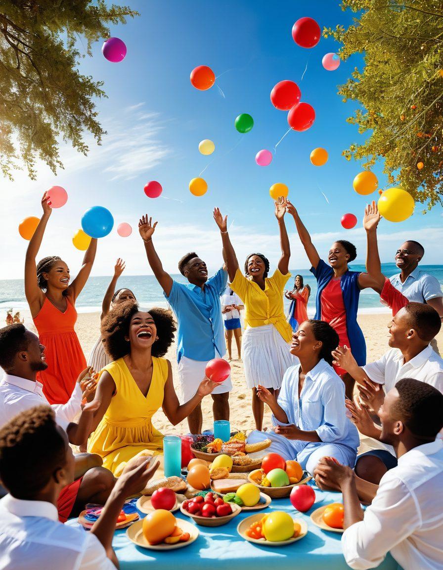 A vibrant collage of joyful moments featuring diverse people celebrating life's milestones: a family picnic, a graduation ceremony with laughter, friends at a beach party, and a couple's wedding dance. Bright colors and warm lighting evoke happiness and togetherness. Incorporate elements of nature, like blooming flowers and a sunny sky, to enhance the theme of celebration. super-realistic. vibrant colors. engaging background.