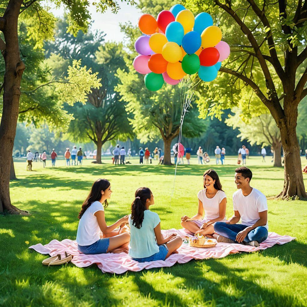 A serene landscape featuring a sunlit park filled with diverse people of different ages, all smiling and enjoying joyful activities, such as playing, chatting, and picnicking. In the background, colorful balloons float in the air, symbolizing happiness. The scene radiates positivity and warmth, creating a sense of nostalgia. watercolor art style. vivid colors. soft focus.