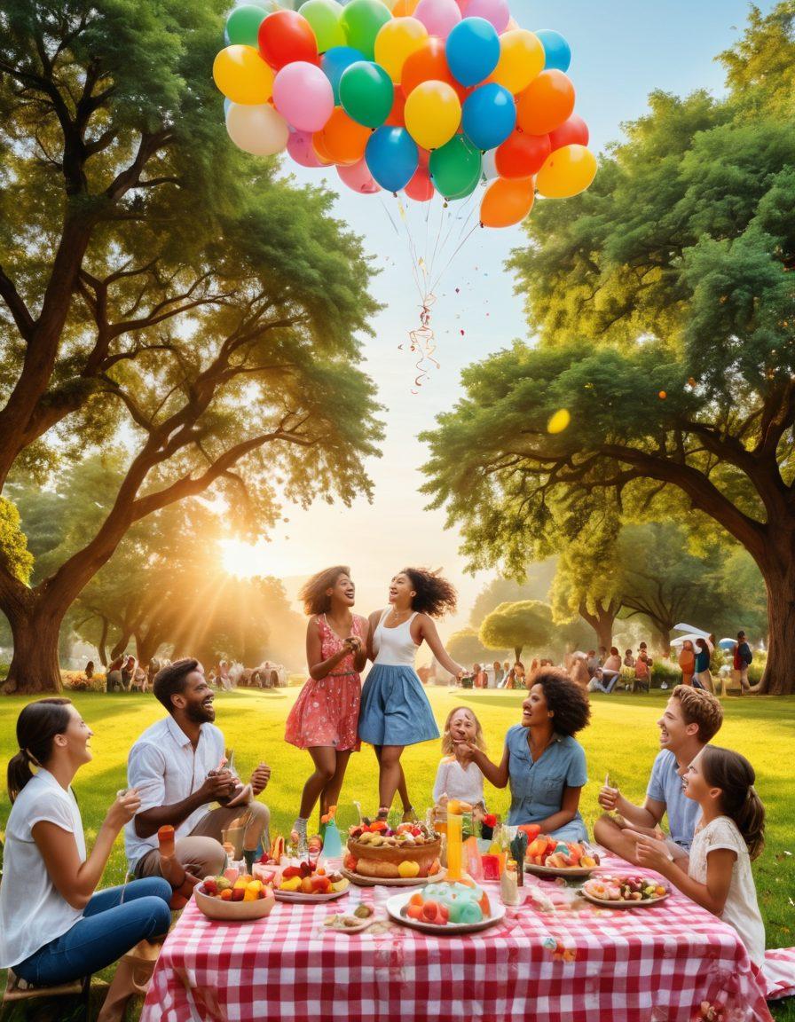 A vibrant collage featuring diverse groups of people sharing joyful moments – children playing in a park, friends laughing at a picnic, a family celebrating a birthday, and a couple dancing in a sunset. The background is filled with colorful balloons and confetti, encapsulating a sense of happiness and togetherness. Bright, cheerful colors dominate the scene, enhancing the feeling of warmth and positivity. super-realistic. vibrant colors. lively setting.